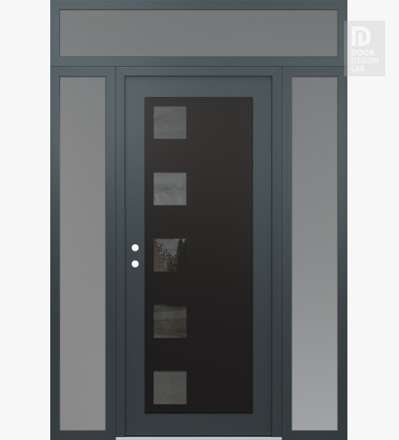 Modern Steel Front Door Diamond C5 68" x 96" anthracite/anthracite mirrored Glass Panel black RHI with 2 Sidelites and Transom frosted Glass