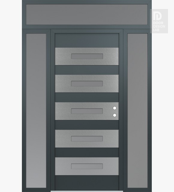 Modern Steel Front Door Diamond D9 64" x 96" anthracite/anthracite frosted Glass Panel stainless steel LHI with 2 Sidelites and Transom frosted Glass