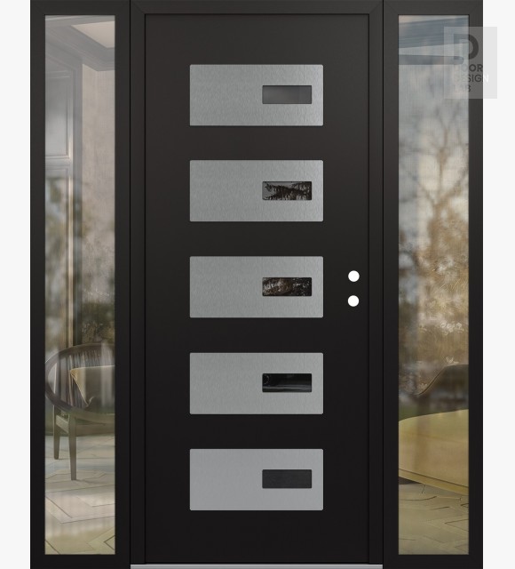 Modern Steel Front Door Diamond D7 60" x 80" black/black mirrored Glass Panel stainless steel LHI with 2 Sidelites clear Glass