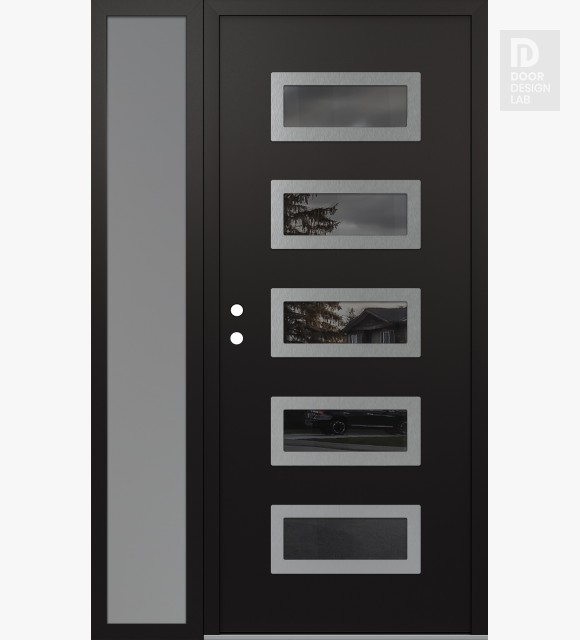 Modern Steel Front Door Diamond D1 52" x 80" black/black mirrored Glass Panel stainless steel RHI with Sidelite frosted Glass