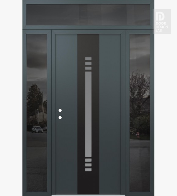 Modern Steel Front Door DIAMOND A5 68" X 96" ANTHRACITE/ANTHRACITE FROSTED GLASS PANEL BLACK RHI WITH 2 SIDELITES AND TRANSOM MIRRORED GLASS