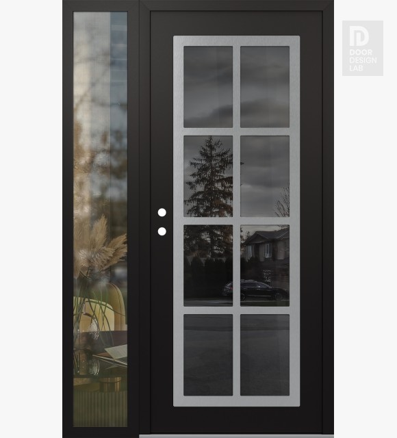 Modern Steel Front Door Diamond C16 50" x 80" black/black mirrored Glass Panel stainless steel RHI with Sidelite clear Glass