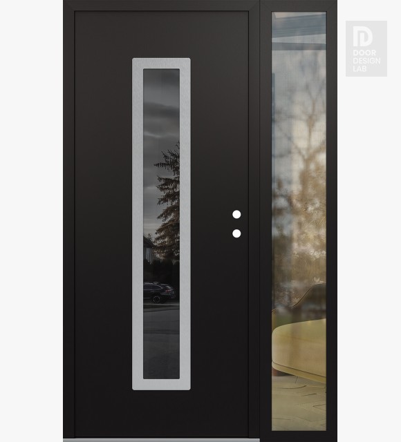 Modern Steel Front Door DIAMOND A11 50" X 80" BLACK/BLACK MIRRORED GLASS PANEL STAINLESS STEEL LHI WITH SIDELITE CLEAR GLASS