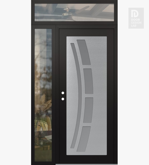 Modern Steel Front Door Diamond C12 52" x 96" black/white frosted Glass Panel stainless steel RHI with Sidelite and Transom clear Glass