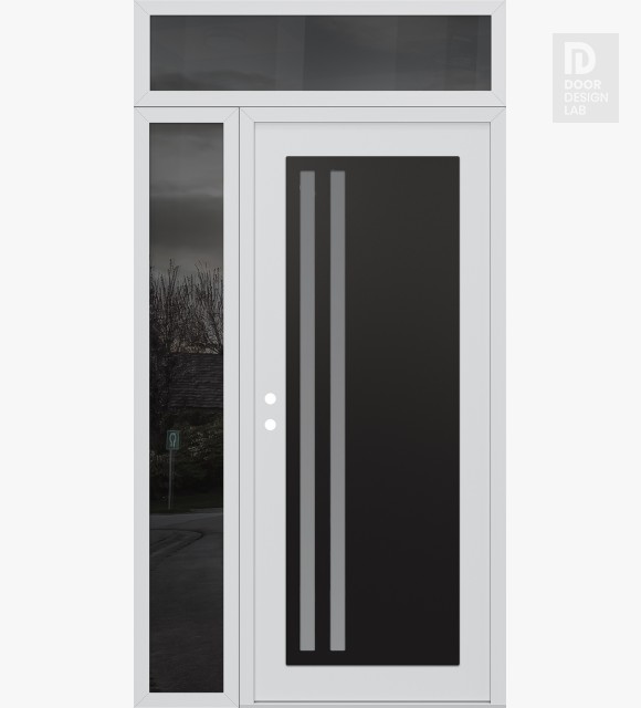 Modern Steel Front Door Diamond C6 52" x 96" white/white frosted Glass Panel black RHI with Sidelite and Transom mirrored Glass
