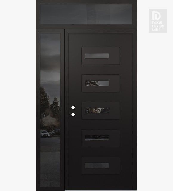 Modern Steel Front Door Diamond D6 50" x 96" black/black mirrored Glass Panel black RHI with Sidelite and Transom mirrored Glass