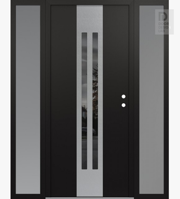 Modern Steel Front Door DIAMOND A8 64" X 80" BLACK/BLACK MIRRORED GLASS PANEL STAINLESS STEEL LHI WITH 2 SIDELITES FROSTED GLASS