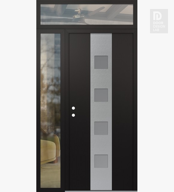 Modern Steel Front Door DIAMOND A12 50" X 96" BLACK/WHITE FROSTED GLASS PANEL STAINLESS STEEL RHI WITH SIDELITE AND TRANSOM CLEAR GLASS