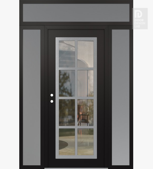 Modern Steel Front Door Diamond C16 60" x 96" black/black clear Glass Panel stainless steel RHI with 2 Sidelites and Transom frosted Glass