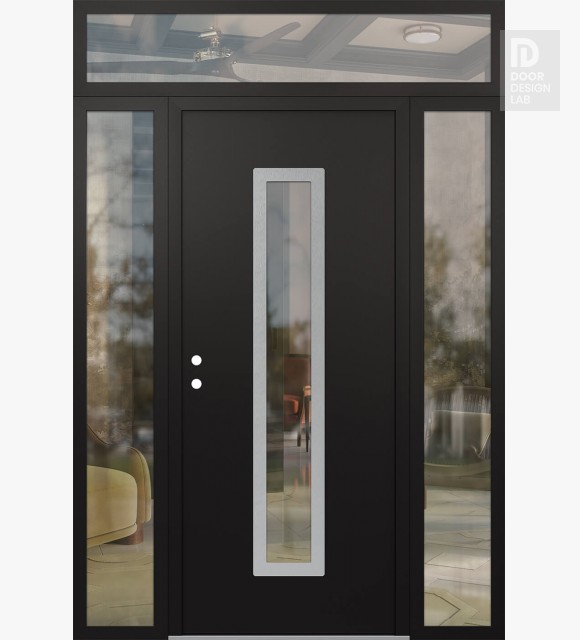 Modern Steel Front Door DIAMOND A11 60" X 96" BLACK/BLACK CLEAR GLASS PANEL STAINLESS STEEL RHI WITH 2 SIDELITES AND TRANSOM CLEAR GLASS