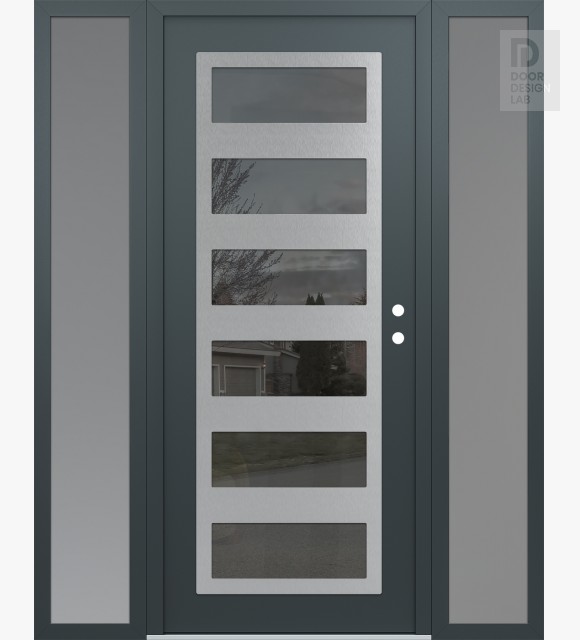 Modern Steel Front Door Diamond C9 60" x 80" anthracite/anthracite mirrored Glass Panel stainless steel LHI with 2 Sidelites frosted Glass