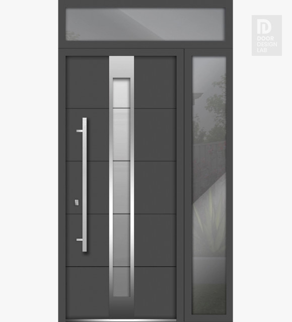 Front Exterior Prehung Steel Door / Deux 1717 Gray Graphite / Stainless Inserts Single Modern Painted-W50" x H96"-Right-hand Inswing