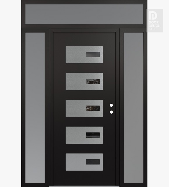 Modern Steel Front Door Diamond D7 60" x 96" black/black mirrored Glass Panel stainless steel LHI with 2 Sidelites and Transom frosted Glass