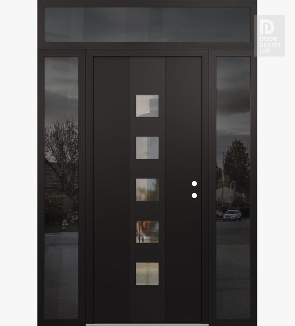 Modern Steel Front Door DIAMOND A13 60" X 96" BLACK/BLACK CLEAR GLASS PANEL BLACK LHI WITH 2 SIDELITES AND TRANSOM MIRRORED GLASS