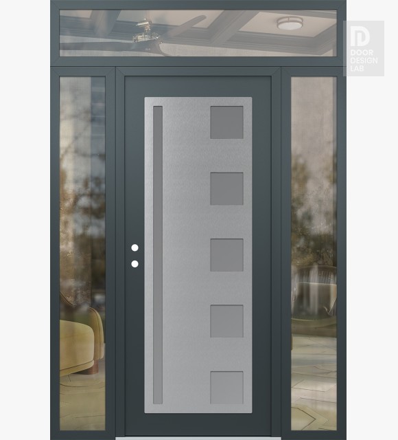 Modern Steel Front Door Diamond C3 68" x 96" anthracite/anthracite frosted Glass Panel stainless steel RHI with 2 Sidelites and Transom clear Glass