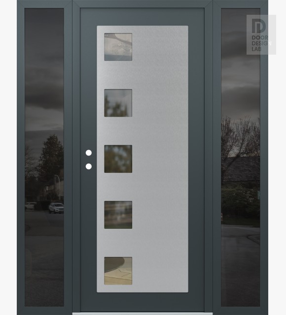 Modern Steel Front Door Diamond C5 68" x 80" anthracite/anthracite clear Glass Panel stainless steel RHI with 2 Sidelites mirrored Glass