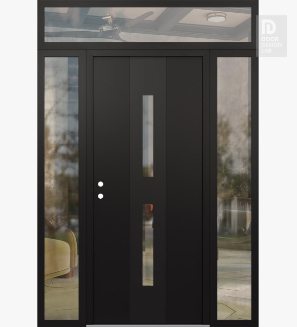Modern Steel Front Door DIAMOND A6 64" X 96" BLACK/BLACK CLEAR GLASS PANEL BLACK RHI WITH 2 SIDELITES AND TRANSOM CLEAR GLASS