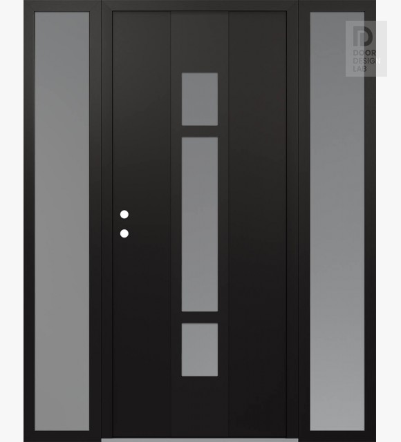 Modern Steel Front Door DIAMOND A9 60" X 80" BLACK/WHITE FROSTED GLASS PANEL BLACK RHI WITH 2 SIDELITES FROSTED GLASS