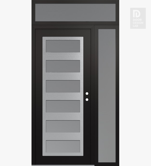 Modern Steel Front Door Diamond C9 52" x 96" black/white frosted Glass Panel stainless steel LHI with Sidelite and Transom frosted Glass