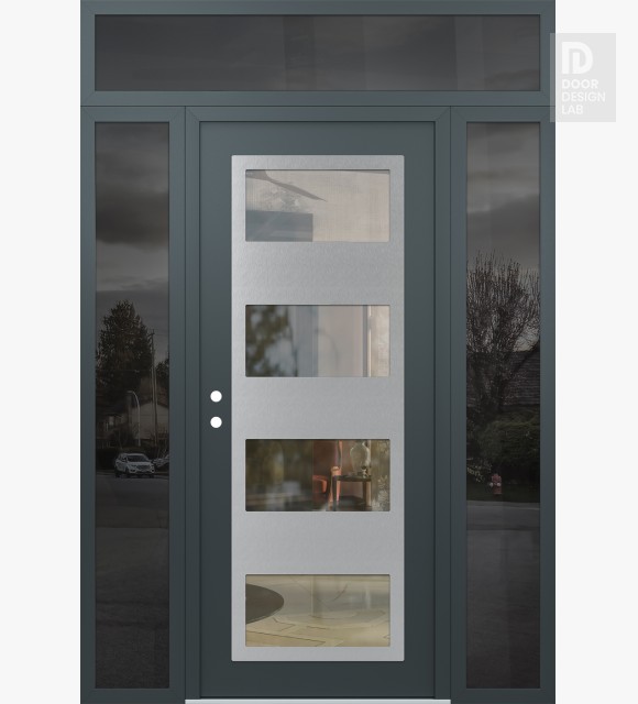 Modern Steel Front Door Diamond C2 68" x 96" anthracite/anthracite clear Glass Panel stainless steel RHI with 2 Sidelites and Transom mirrored Glass