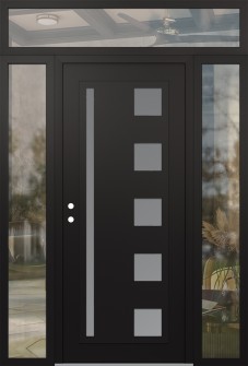 Diamond C3 60" x 96" black/white frosted Glass Panel black RHI with 2 Sidelites and Transom clear Glass