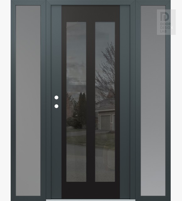 Modern Steel Front Door Diamond C14 68" x 80" anthracite/anthracite mirrored Glass Panel black RHI with 2 Sidelites frosted Glass