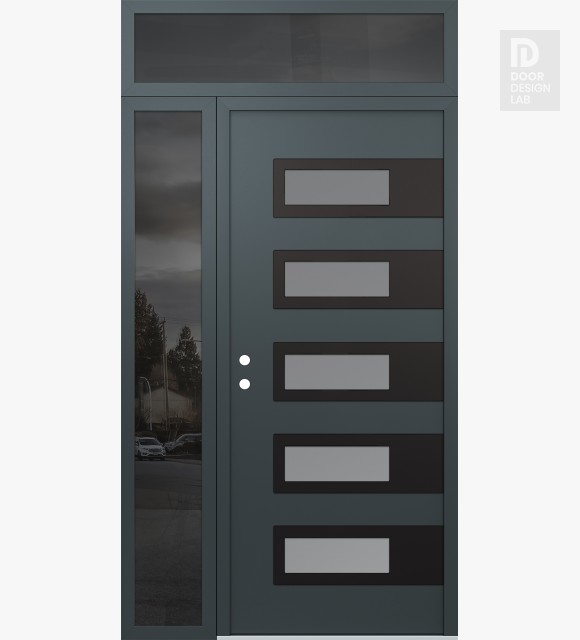 Modern Steel Front Door Diamond D3 50" x 96" anthracite/anthracite frosted Glass Panel black RHI with Sidelite and Transom mirrored Glass