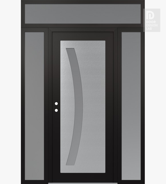 Modern Steel Front Door Diamond C4 68" x 96" black/white frosted Glass Panel stainless steel RHI with 2 Sidelites and Transom frosted Glass