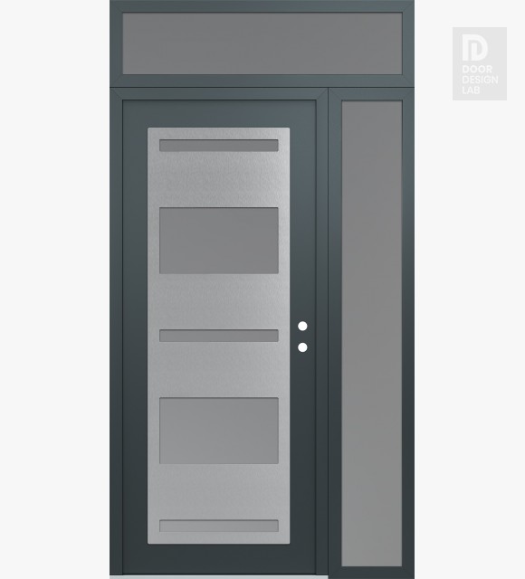 Modern Steel Front Door Diamond C10 50" x 96" anthracite/anthracite frosted Glass Panel stainless steel LHI with Sidelite and Transom frosted Glass