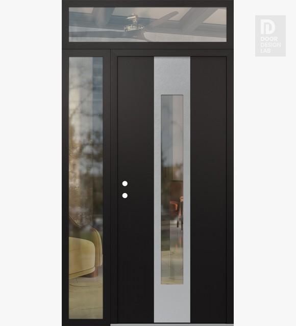 Modern Steel Front Door DIAMOND A1 50" X 96" BLACK/BLACK CLEAR GLASS PANEL STAINLESS STEEL RHI WITH SIDELITE AND TRANSOM CLEAR GLASS
