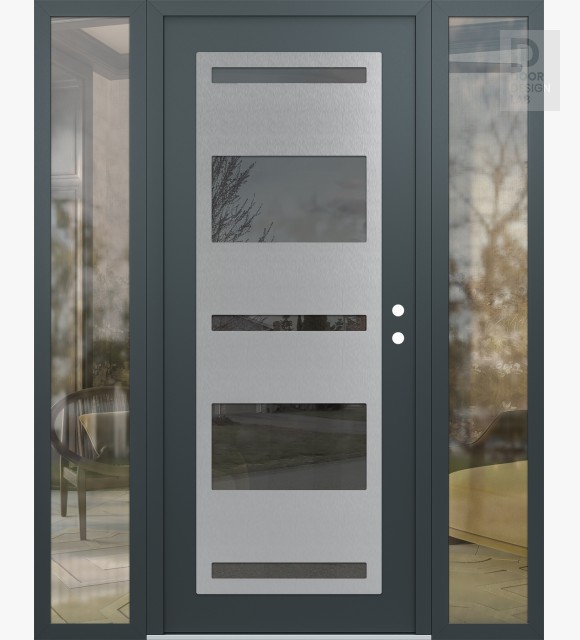 Modern Steel Front Door Diamond C10 60" x 80" anthracite/anthracite mirrored Glass Panel stainless steel LHI with 2 Sidelites clear Glass
