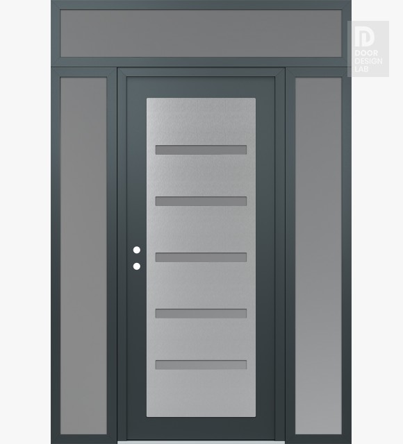 Modern Steel Front Door Diamond C7 68" x 96" anthracite/anthracite frosted Glass Panel stainless steel RHI with 2 Sidelites and Transom frosted Glass