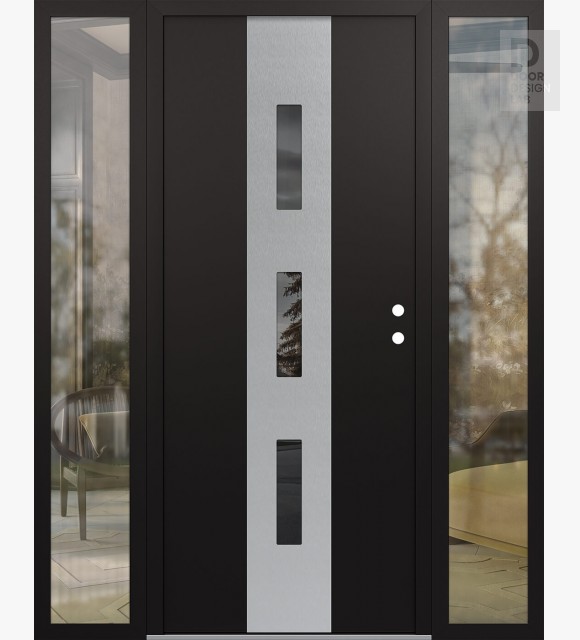 Modern Steel Front Door DIAMOND A7 68" X 80" BLACK/BLACK MIRRORED GLASS PANEL STAINLESS STEEL LHI WITH 2 SIDELITES CLEAR GLASS