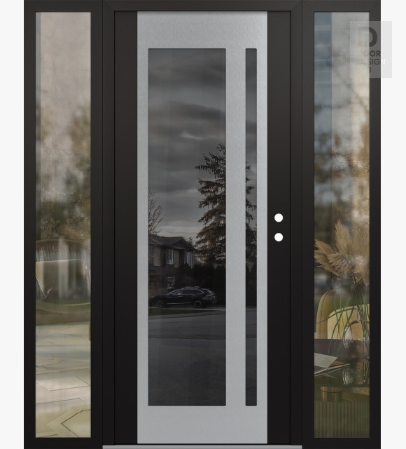 Modern Steel Front Door Diamond C15 68" x 80" black/black mirrored Glass Panel stainless steel LHI with 2 Sidelites clear Glass