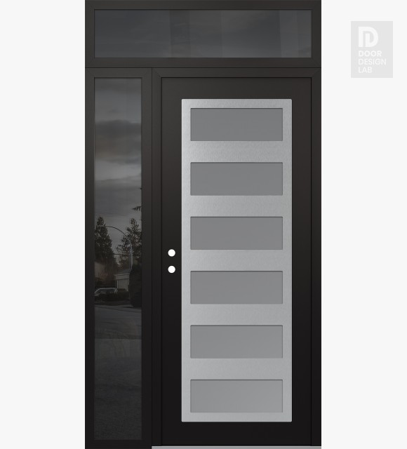 Modern Steel Front Door Diamond C9 50" x 96" black/white frosted Glass Panel stainless steel RHI with Sidelite and Transom mirrored Glass