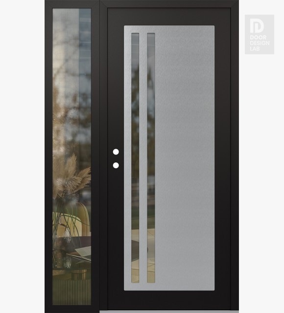 Modern Steel Front Door Diamond C6 50" x 80" black/black clear Glass Panel stainless steel RHI with Sidelite clear Glass