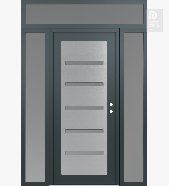 Modern Steel Front Door Diamond C7 64" x 96" anthracite/anthracite frosted Glass Panel stainless steel LHI with 2 Sidelites and Transom frosted Glass