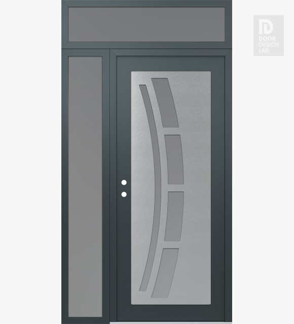 Modern Steel Front Door Diamond C12 50" x 96" anthracite/anthracite frosted Glass Panel stainless steel RHI with Sidelite and Transom frosted Glass
