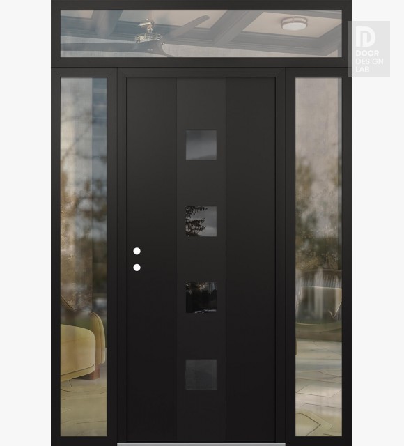 Modern Steel Front Door DIAMOND A12 68" X 96" BLACK/BLACK MIRRORED GLASS PANEL BLACK RHI WITH 2 SIDELITES AND TRANSOM CLEAR GLASS