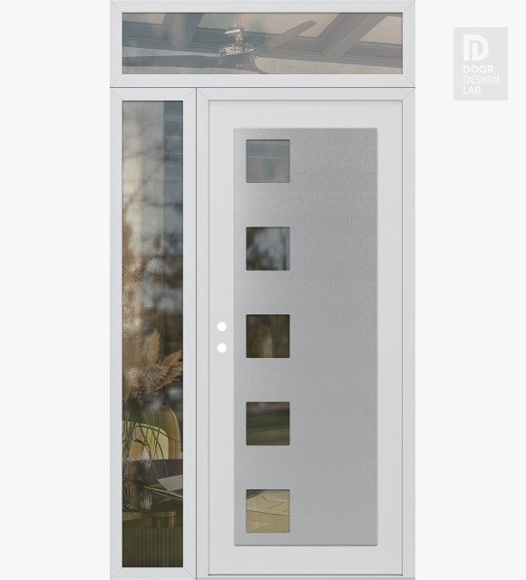 Modern Steel Front Door Diamond C5 50" x 96" white/white clear Glass Panel stainless steel RHI with Sidelite and Transom clear Glass