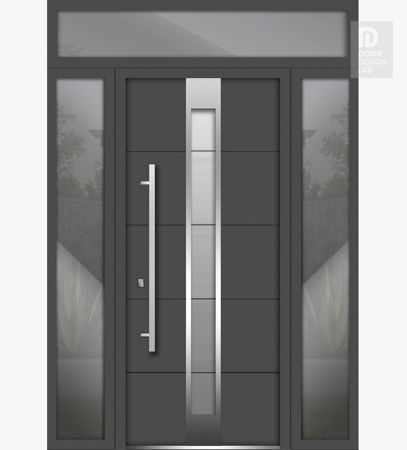 Front Exterior Prehung Steel Door / Deux 1717 Gray Graphite / Stainless Inserts Single Modern Painted-W64" x H96"-Right-hand Inswing