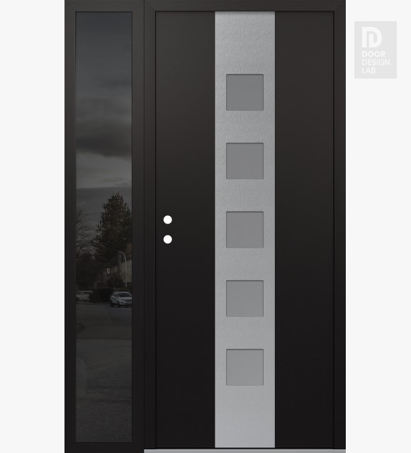 Modern Steel Front Door DIAMOND A13 52" X 80" BLACK/WHITE FROSTED GLASS PANEL STAINLESS STEEL RHI WITH SIDELITE MIRRORED GLASS