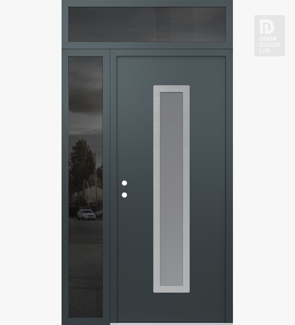 Modern Steel Front Door DIAMOND A11 48" X 96" ANTHRACITE/ANTHRACITE FROSTED GLASS PANEL STAINLESS STEEL RHI WITH SIDELITE AND TRANSOM MIRRORED GLASS