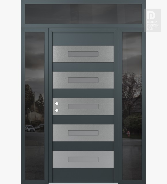 Modern Steel Front Door Diamond D9 68" x 96" anthracite/anthracite frosted Glass Panel stainless steel RHI with 2 Sidelites and Transom mirrored Glass