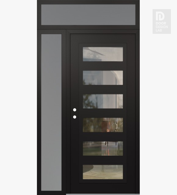 Modern Steel Front Door Diamond C9 50" x 96" black/black clear Glass Panel black RHI with Sidelite and Transom frosted Glass
