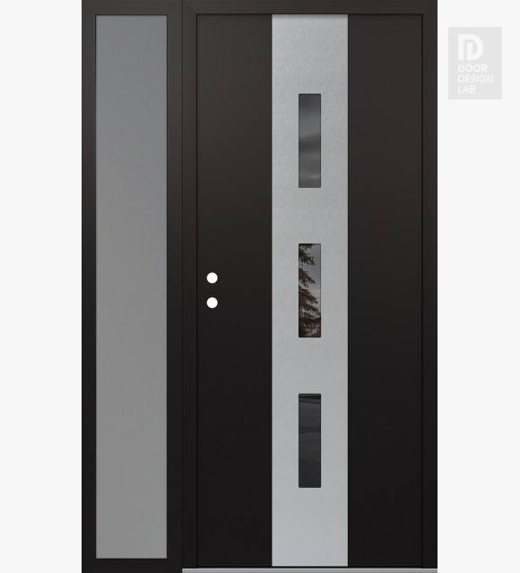 Modern Steel Front Door DIAMOND A7 52" X 80" BLACK/BLACK MIRRORED GLASS PANEL STAINLESS STEEL RHI WITH SIDELITE FROSTED GLASS