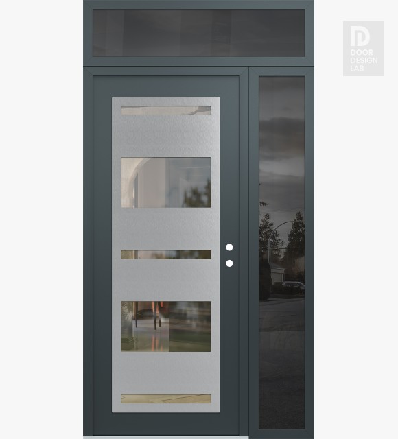 Modern Steel Front Door Diamond C10 48" x 96" anthracite/anthracite clear Glass Panel stainless steel LHI with Sidelite and Transom mirrored Glass