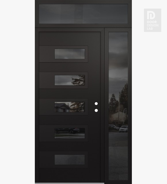 Modern Steel Front Door Diamond D3 48" x 96" black/black mirrored Glass Panel black LHI with Sidelite and Transom mirrored Glass