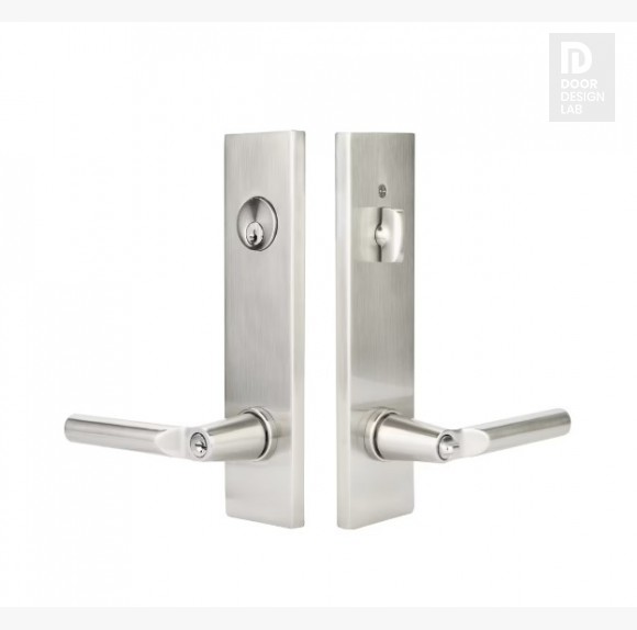EMTEK MODERN RECTANGULAR TWO-POINT, SINGLE CYLINDER WITH HELIOS LEVERS 5312 SINGLE CYLINDER SATIN NICKEL US15 for Steel Front Doors