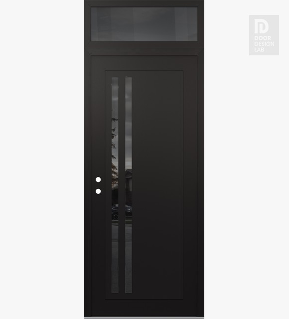 Modern Steel Front Door Diamond C6 36" x 96" black/black mirrored Glass Panel black RHI with Transom mirrored Glass